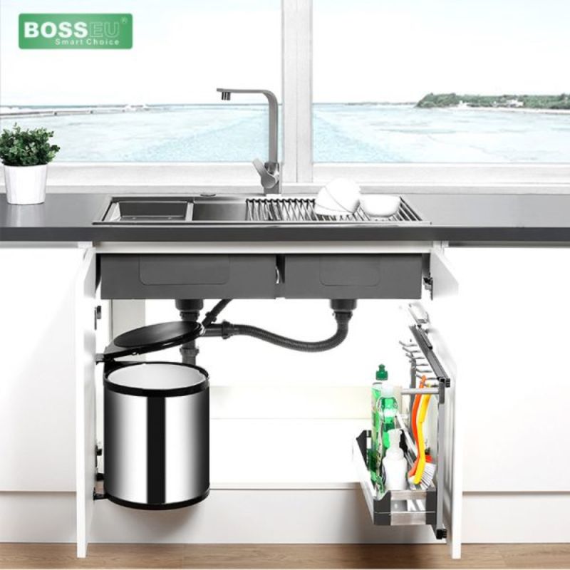 Ảnh thực tế thùng rác tròn gắn cánh tủ bếp BossEU BS114R Ảnh thực tế thùng rác tròn gắn cánh tủ bếp BossEU BS114R