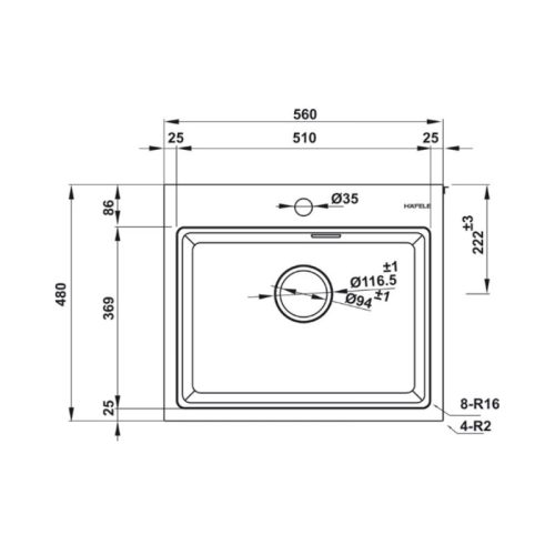 Chậu rửa bát đá 1 hố Hafele Essence HS22-GEN1S60M 577.25.520 3 Kích thước chậu rửa bát đá 1 hố Hafele Essence HS22-GEN1S60M 577.25.520