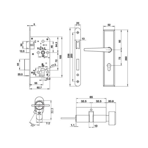 Bộ khóa tay nắm đế dài Hafele 499.62.503 3 Kích thước bộ khóa tay nắm đế dài Hafele 499.62.503