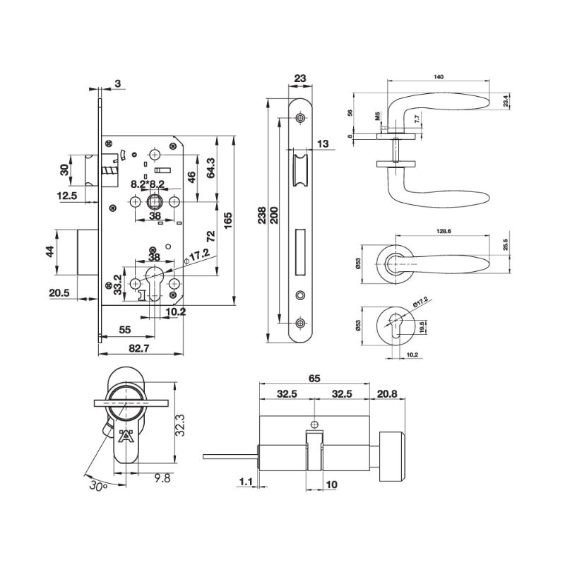Kích thước bộ khóa tay nắm nắp chụp Hafele 499.63.801 Kích thước bộ khóa tay nắm nắp chụp Hafele 499.63.801