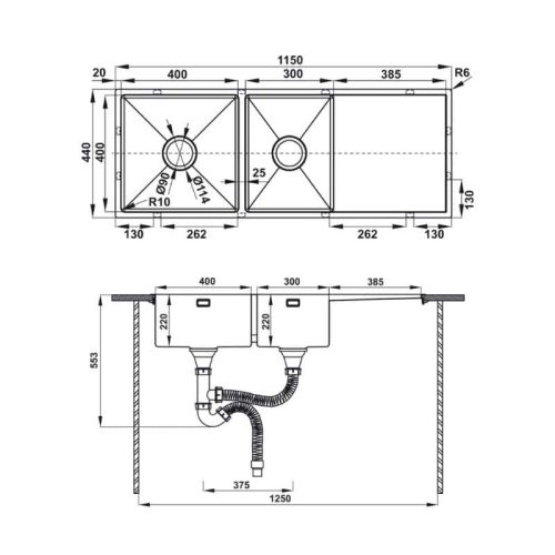 Kích thước chậu rửa bát Hafele HS21-SSD2S90L 567.94.050