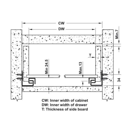 Ray âm giảm chấn EPC EVO mở 3/4 300mm Hafele 433.32.501 3 Kích thước ray âm giảm chấn EPC EVO mở 3/4 300mm Hafele 433.32.501
