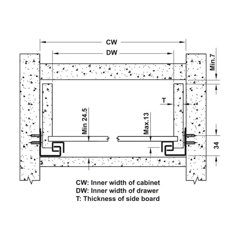 Kích thước ray âm giảm chấn EPC EVO mở 3/4 300mm Hafele 433.32.501 Kích thước ray âm giảm chấn EPC EVO mở 3/4 300mm Hafele 433.32.501