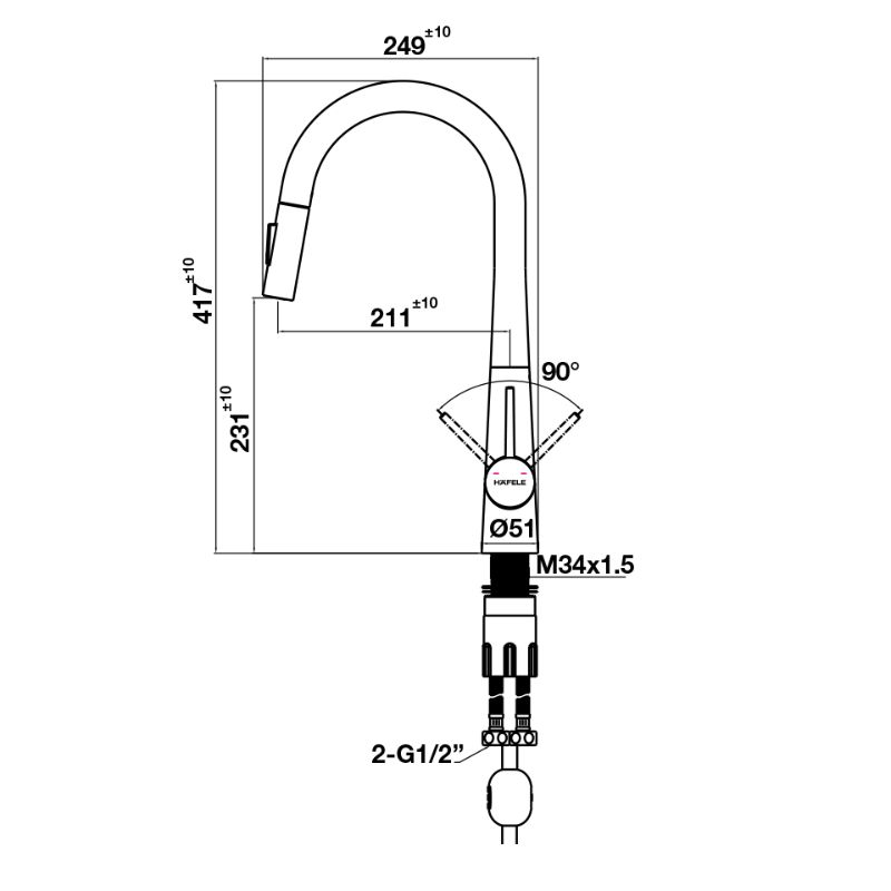 Kích thước vòi rửa bát Hafele HT24-SH1P417-BR 570.85.041 có dây rút Kích thước vòi rửa bát Hafele HT24-SH1P417-BR 570.85.041 có dây rút
