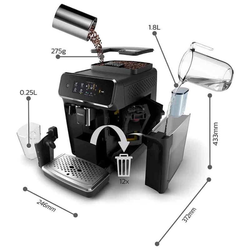 Kích thước máy pha cafe tự động Philips EP2231/40 Kích thước máy pha cafe tự động Philips EP2231/40