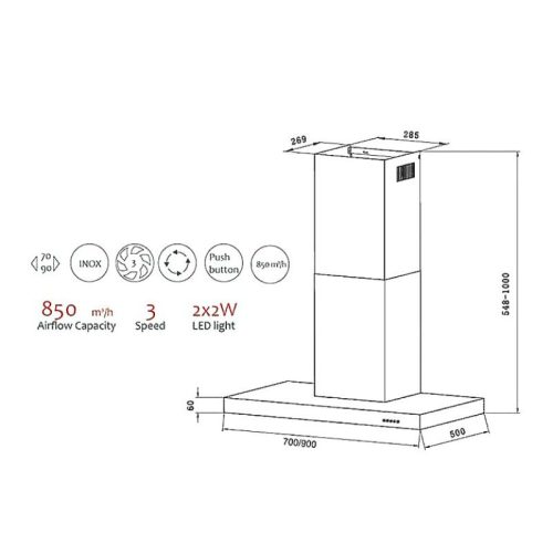Máy hút mùi áp tường Tomate TOM 3023‐90 3 kich thuoc may hut mui tomate tom 3023‐90