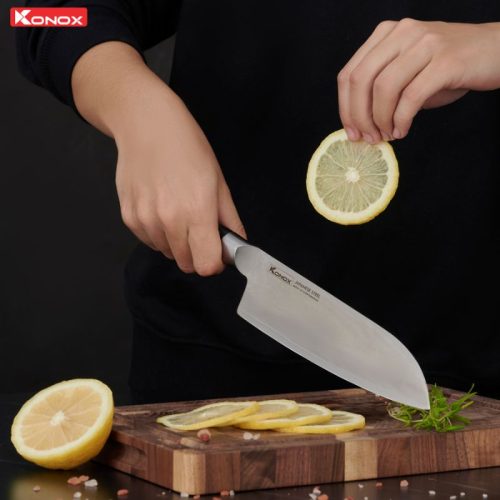 Hình ảnh dao đa năng thép Nhật Konox Damascus Eiko Series 7″ Santoku