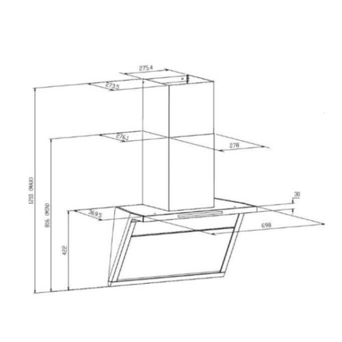 Máy hút mùi áp tường GrandX GX H70T88G 3 kich thuoc may hut mui ap tuong grandx gx h70t88g