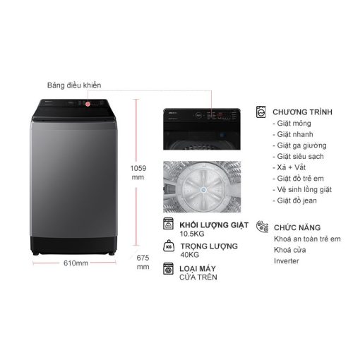 Máy giặt Samsung Inverter 10.5 kg WA10CG5745BDSV cửa trên 5 kich thuoc may giat samsung inverter 10 5 kg wa10cg5745bdsv cua tren