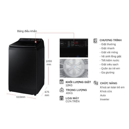 Máy Giặt Samsung Inverter 12 kg WA12CG5745BVSV cửa trên 5 kich thuoc may giat samsung inverter 12 kg wa12cg5745bvsv cua tren