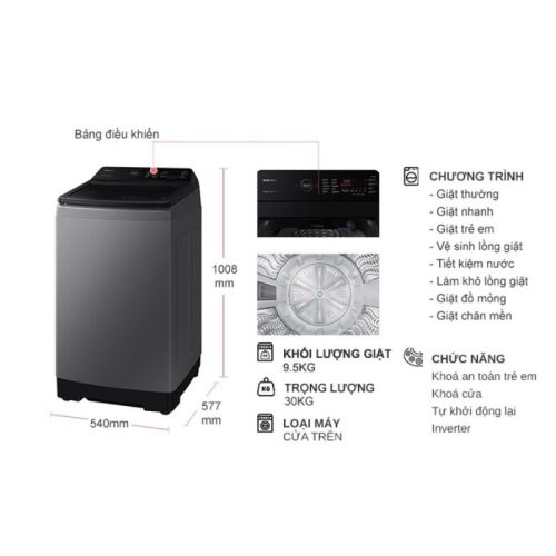 kich thuoc may giat samsung inverter 9 5 kg wa95cg4545bdsv cua tren