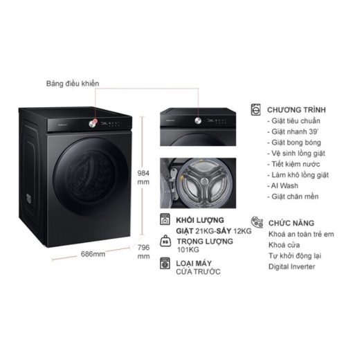 Máy Giặt Sấy Samsung Inverter Giặt 21 Kg - Sấy 12 Kg WD21B6400KV/SV 6 kich thuoc may giat say samsung inverter giat 21 kg say 12 kg wd21b6400kv sv