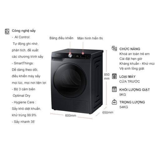 kich thuoc may say bom nhiet samsung ai inverter 9 kg dv90t7240bb sv