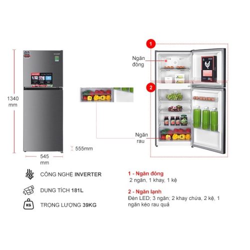 Tủ Lạnh 2 cánh Inverter 181 Lít Sharp SJ-X198V-SL 4 kich thuoc tu lanh 2 canh inverter 181 lit sharp sj x198v sl