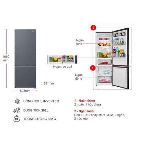 Tủ Lạnh 2 cánh Inverter 292 Lít Aqua AQR-B360MA(SLB) 4 kich thuoc tu lanh 2 canh inverter 292 lit aqua aqr b360maslb