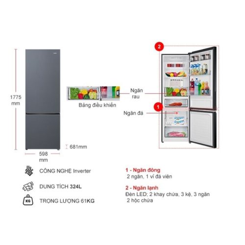 Tủ Lạnh 2 cánh Inverter 324 Lít Aqua AQR-B390MA(SLB) 4 kich thuoc tu lanh 2 canh inverter 324 lit aqua aqr b390maslb