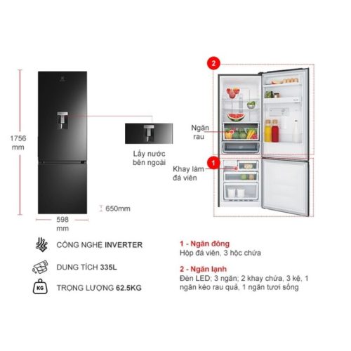 Tủ Lạnh 2 cánh Inverter 335 Lít Electrolux EBB3742M-H 4 kich thuoc tu lanh 2 canh inverter 335 lit electrolux ebb3742m h