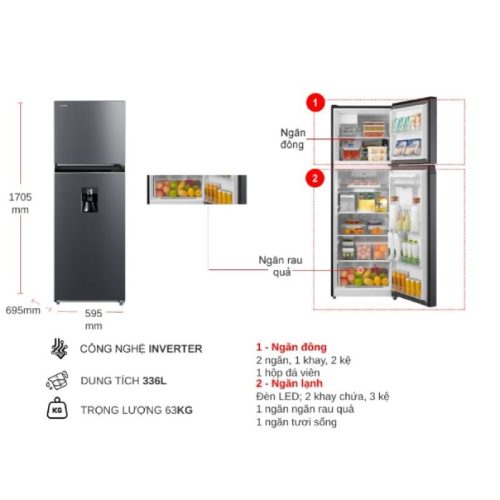 kich thuoc tu lanh 2 canh inverter 336 lit toshiba gr rt435wea pmv06 mg