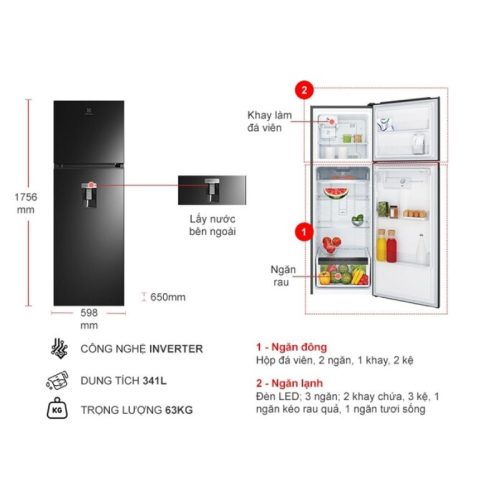 Tủ Lạnh 2 cánh Inverter 341 Lít Electrolux ETB3760M-H 4 kich thuoc tu lanh 2 canh inverter 341 lit electrolux etb3760m h