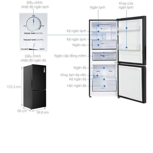 Tủ lạnh 2 cánh ngăn đá dưới Inverter 260 lít Aqua AQR-B310MA(FB) 4 kich thuoc tu lanh 2 canh ngan da duoi inverter 260 lit aqua aqr b310ma fb