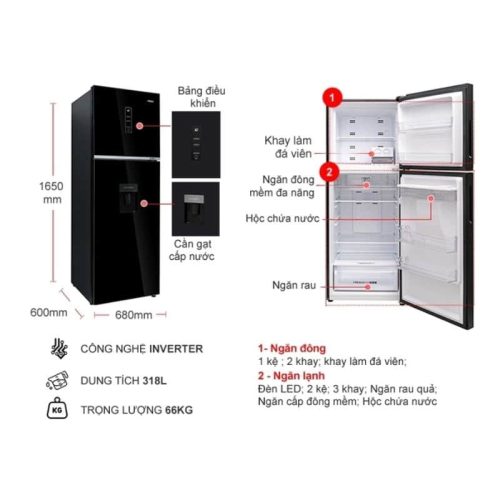 Tủ lạnh 2 cánh ngăn đá trên Inverter 318 lít Aqua AQR-T369FA(WGB) 4 kich thuoc tu lanh 2 canh ngan da tren inverter 318 lit aqua aqr t369fa wgb