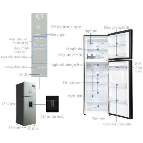 Tủ lạnh 2 cánh ngăn đá trên Inverter 347 lít Aqua AQR-T390FA(WGM) 4 kich thuoc tu lanh 2 canh ngan da tren inverter 347 lit aqua aqr t390fa wgm
