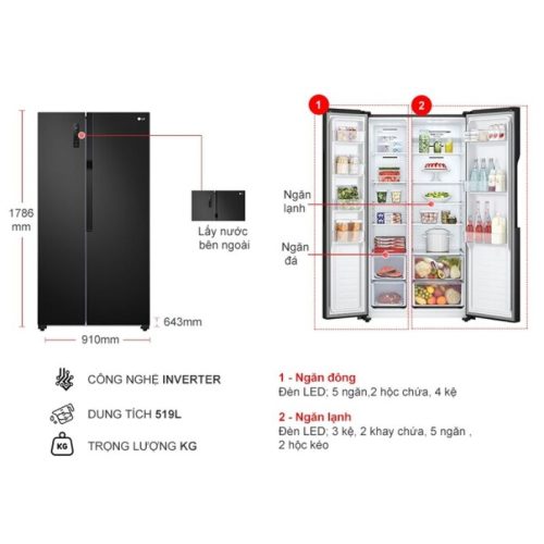 Tủ Lạnh 2 cánh side by side Inverter 519 Lít LG GR-B256BL 5 kich thuoc tu lanh 2 canh side by side inverter 519 lit lg gr b256bl