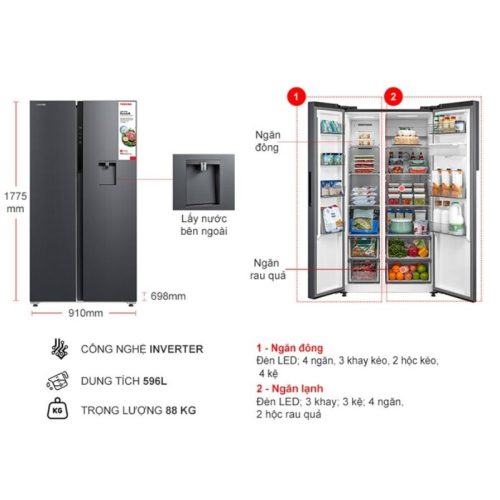 Tủ Lạnh 2 cánh side by side Inverter 596 Lít Toshiba GR-RS775WI-PMV(06)-MG 4 kich thuoc tu lanh 2 canh side by side inverter 596 lit toshiba gr rs775wi pmv06 mg 1