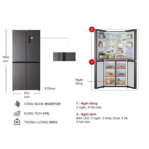 Tủ Lạnh 4 cánh Multi Door Inverter 470 Lít LG GR-B50BL 5 kich thuoc tu lanh 4 canh multi door inverter 470 lit lg gr b50bl