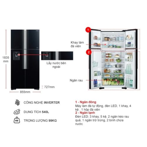 Tủ Lạnh 4 cánh Multi door Inverter 540 Lít Hitachi R-FW690PGV7 GBK 5 kich thuoc tu lanh 4 canh multi door inverter 540 lit hitachi r fw690pgv7 gbk