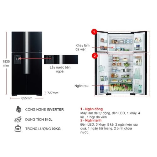 Tủ Lạnh 4 cánh Multi door Inverter 540 Lít Hitachi R-FW690PGV7X GBK 5 kich thuoc tu lanh 4 canh multi door inverter 540 lit hitachi r fw690pgv7x gbk
