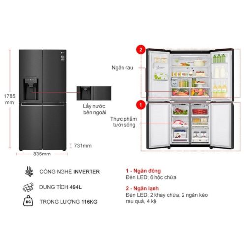 Tủ Lạnh 4 cánh Multi door Inverter 570 Lít LG GR-D22MB 5 kich thuoc tu lanh 4 canh multi door inverter 570 lit lg gr d22mb