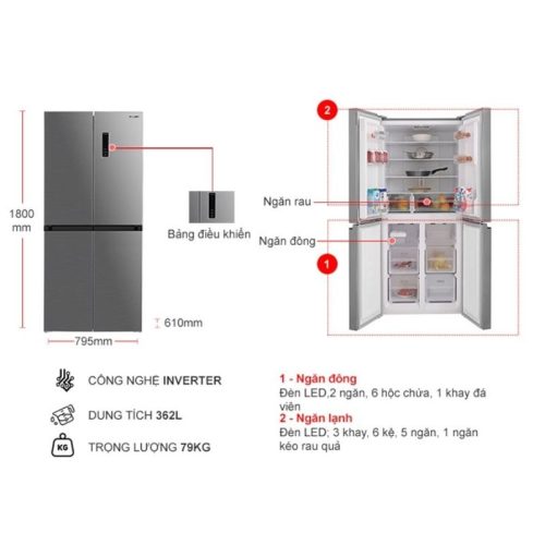 Tủ Lạnh 4 cánh Multi doors Inverter 362 Lít Sharp SJ-FX420V-SL 4 kich thuoc tu lanh 4 canh multi doors inverter 362 lit sharp sj fx420v sl