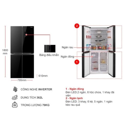 kich thuoc tu lanh 4 canh multi doors inverter 362 lit sharp sj fx420vg bk