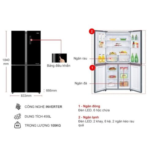 Tủ Lạnh 4 cánh Multi doors Inverter 456 Lít Aqua AQR-IG525AM (GB) 4 kich thuoc tu lanh 4 canh multi doors inverter 456 lit aqua aqr ig525am gb