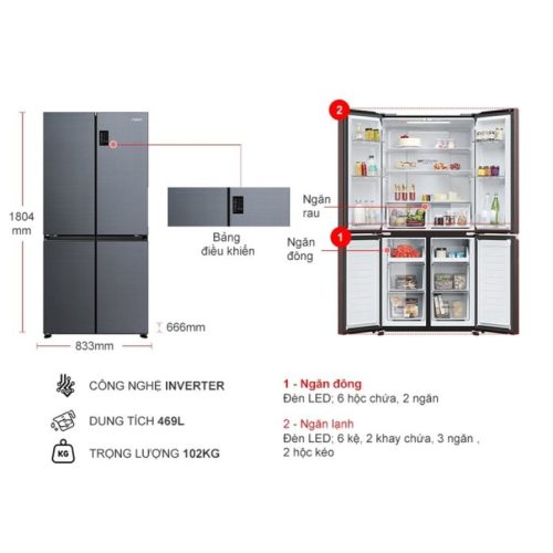 Tủ Lạnh 4 cánh Multi Doors Inverter 469 Lít Aqua AQR-M536XA(SL) 4 kich thuoc tu lanh 4 canh multi doors inverter 469 lit aqua aqr m536xasl