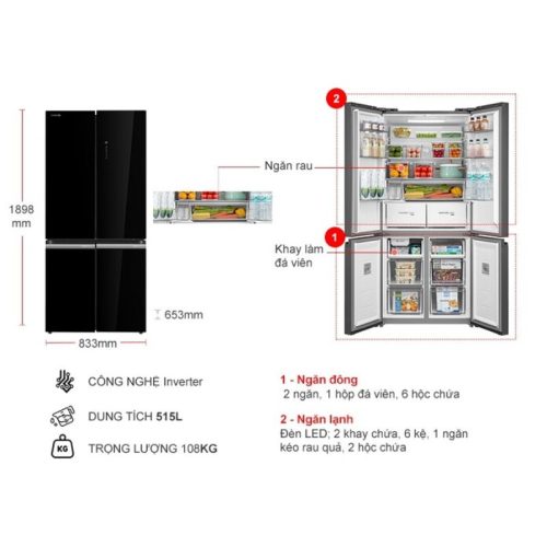 Tủ Lạnh 4 cánh Multi doors Inverter 515 Lít Toshiba GR-RF665WIA-PGV(22)-XK 4 kich thuoc tu lanh 4 canh multi doors inverter 515 lit toshiba gr rf665wia pgv22 xk