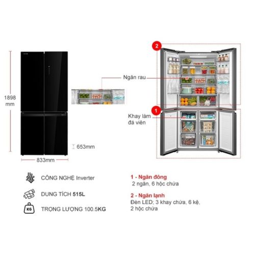 Tủ Lạnh 4 cánh Multi Doors Inverter 515 Lít Toshiba GR-RF677WI-PGV(22)-XK 4 kich thuoc tu lanh 4 canh multi doors inverter 515 lit toshiba gr rf677wi pgv22 xk