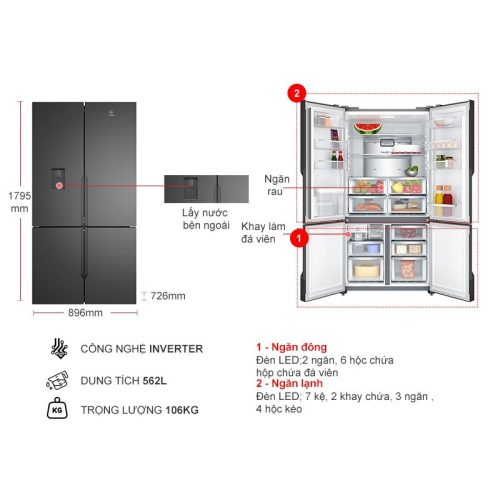 Tủ Lạnh 4 cánh Multi Doors Inverter 562 Lít Electrolux EQE5660A-B 4 kich thuoc tu lanh 4 canh multi doors inverter 562 lit electrolux eqe5660a b