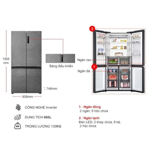 Tủ Lạnh 4 cánh Multi Doors Inverter 660 Lít Aqua AQR-M727XA(GS)U1 4 kich thuoc tu lanh 4 canh multi doors inverter 660 lit aqua aqr m727xagsu1