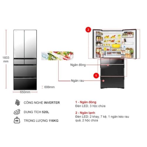 kich thuoc tu lanh hitachi inverter 520 lit r hw530nv x