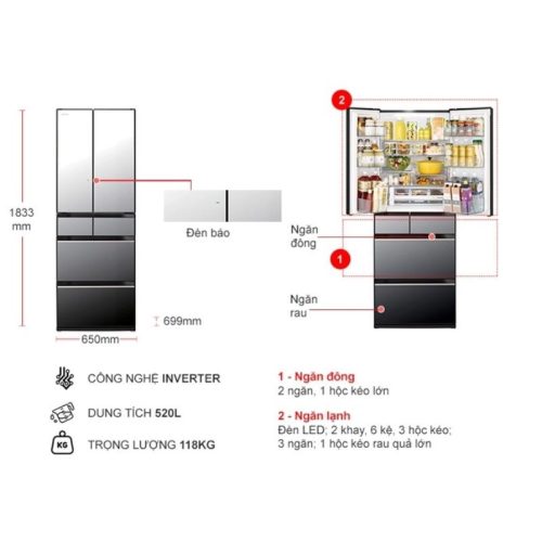 Tủ lạnh Hitachi Inverter 520 lít R-HW540RV X 3 kich thuoc tu lanh hitachi inverter 520 lit r hw540rv x