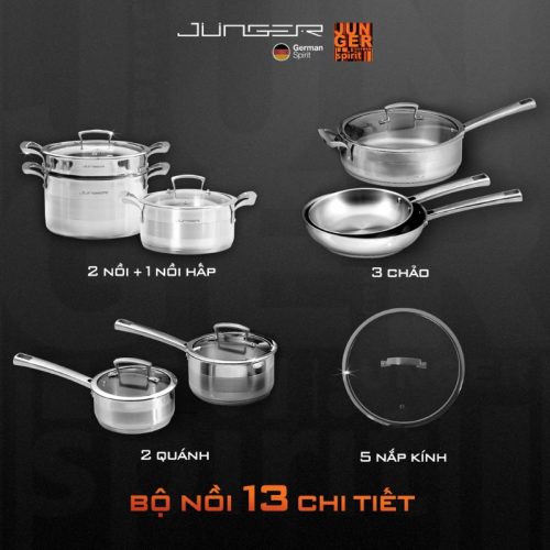 Bộ nồi Inox Junger JC-100 cao cấp 13 chi tiết 4 chi tiet bo noi inox junger jc 100