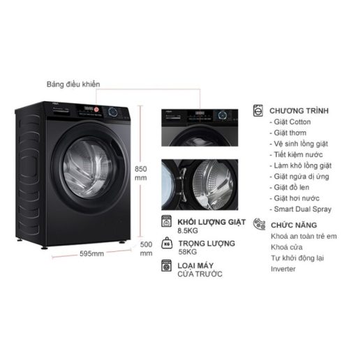 Máy Giặt Aqua Inverter 8.5 Kg AQD-A852J.BK cửa trước 4 kich thuoc may giat aqua inverter 8 5 kg aqd a852j bk cua truoc
