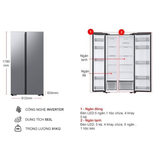 Tủ lạnh 2 cánh side by side Inverter 583 Lít Samsung RS57DG400EM9SV 5 kich thuoc tu lanh 2 canh side by side inverter 583 lit samsung rs57dg400em9sv