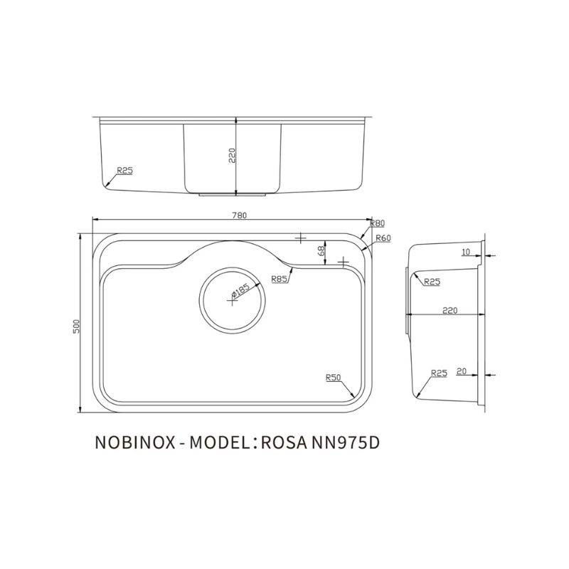 Kích thước chậu rửa bát 1 hố Nobinox ROSA NN975D Kích thước chậu rửa bát 1 hố Nobinox ROSA NN975D