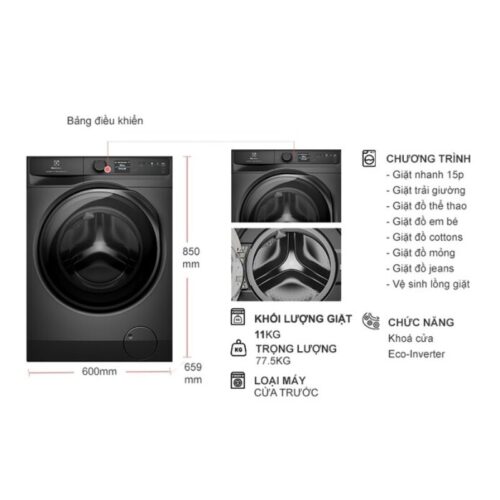 kich thuoc may giat electrolux inverter 11 kg ewf1142r9sc cua truoc