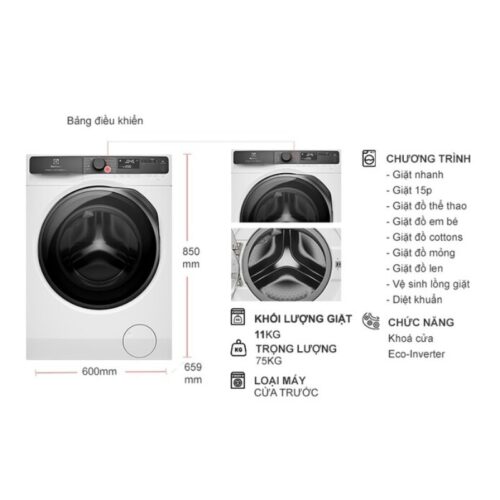 kich thuoc may giat electrolux inverter 11 kg ewf1143r7wc cua truoc